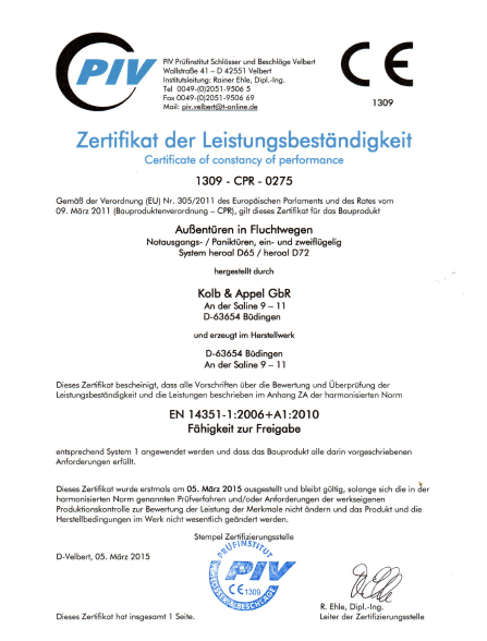 Zertifikat Hersteller Paniktüren Notausgangstüren